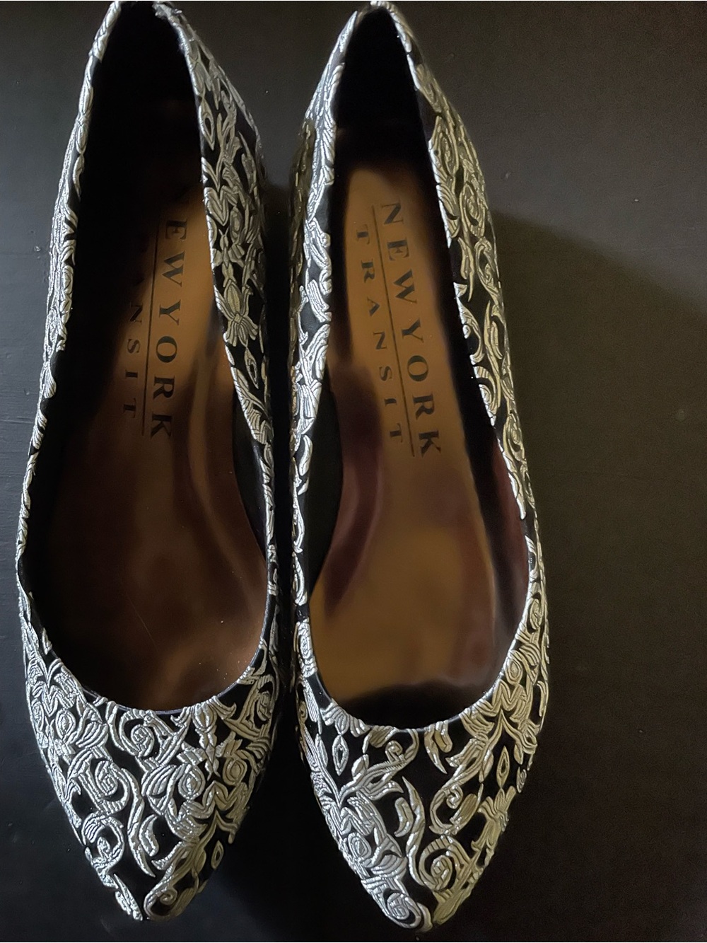New York Transit Black Flats with Silver Embroidered Detail